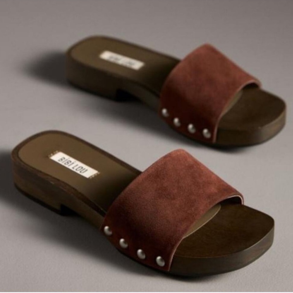 BiBi Lou x Anthropologie Suede Slide on‎ Wood Platform Mule 9.5